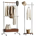 Modern Metal Clothes Rack with Wheels Wooden Tray Wicker Basket and Hanging Clothes Hats