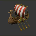Viking Ship Model With Red White Striped Sail Wooden Prow Decoration Colorful Circular Patterns And Oars
