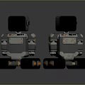 Two Mechanical Robots With Screen Heads Large Wheels And Black Silver Orange Details