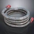 Coiled Gray Industrial Hose Featuring Red Connectors On Both Ends And White Press Labels