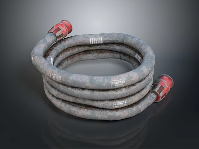 Coiled Gray Industrial Hose Featuring Red Connectors On Both Ends And White Press Labels 3d model