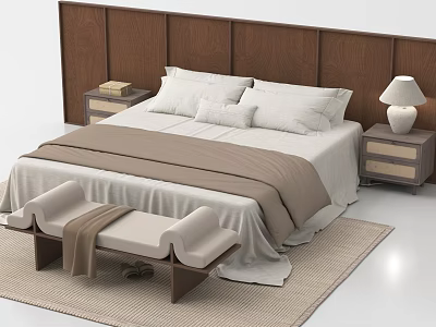Modern Double Bed With Wooden Headboard Nightstands Table Lamp Bench And Rug 3d model