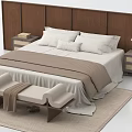 Modern Double Bed With Wooden Headboard Nightstands Table Lamp Bench And Rug