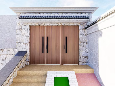 Wooden Double Entrance Door With Black Handles Stone Walls Tile Roof And Colored Steps 3d model