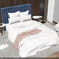 Double Bed With Blue Tufted Headboard White Bedding Side Tables Lamps And Green Window View