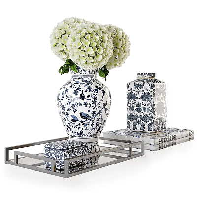 Blue and White Patterned Ceramic Decorative Ornament Set with Metal Tray and Hydrangea Flowers 3d model