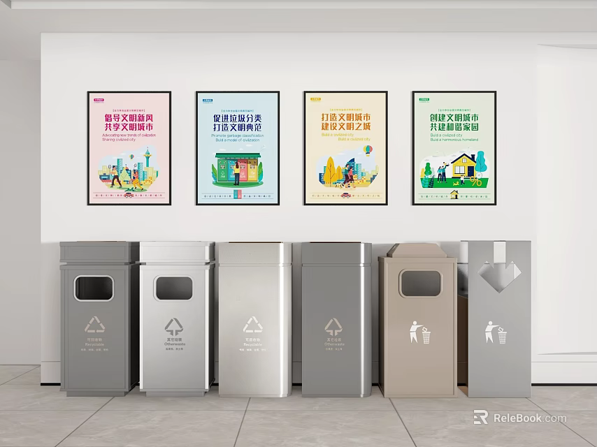 Public Facilities With Educational Trash Sorting Posters And Various Recycling Bins 3d model