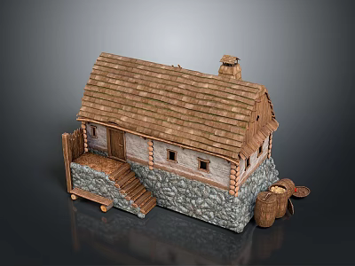 Traditional Rustic Cottage With Wooden Roof Stone Wall Base Wooden Stairs Chimney And Barrel 3d model