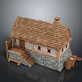 Traditional Rustic Cottage With Wooden Roof Stone Wall Base Wooden Stairs Chimney And Barrel