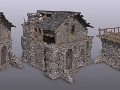 Medieval Style Stone And Wooden Ruined Cottages With Broken Roofs And Doors 3d model