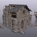 Medieval Style Stone And Wooden Ruined Cottages With Broken Roofs And Doors