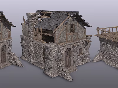 Medieval Style Stone And Wooden Ruined Cottages With Broken Roofs And Doors 3d model