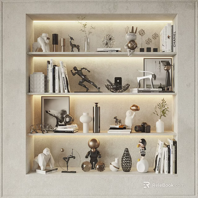 Decorative Ornament Set Display On Modern Interior Shelves With Various Sculptures And Vases 3d model 
