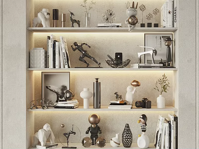 Decorative Ornament Set Display On Modern Interior Shelves With Various Sculptures And Vases 3d model