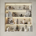 Decorative Ornament Set Display On Modern Interior Shelves With Various Sculptures And Vases