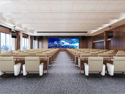 Spacious Conference Room Interior With Neatly Arranged Tables Chairs Large Screen And Wooden Walls 3d model