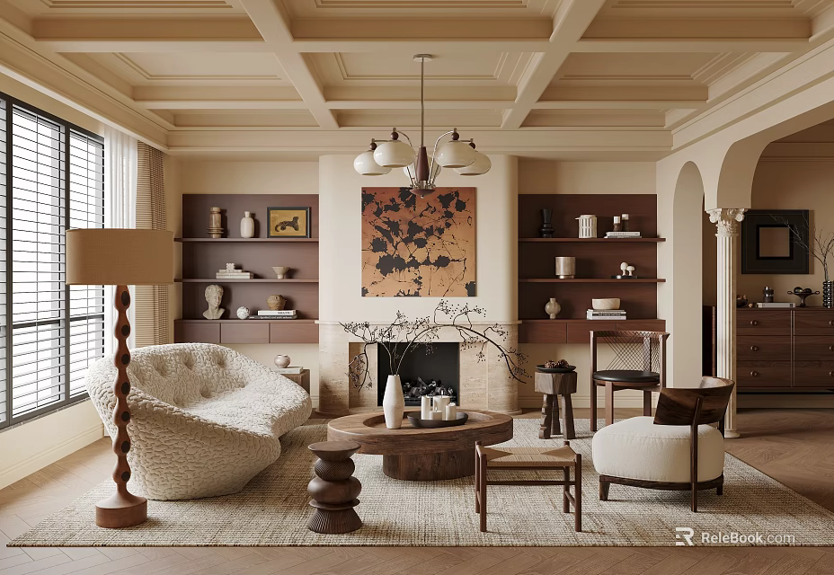 Elegant Living Room Interior Design With Fireplace Sofa Coffee Table Floor Lamp And Decorative Painting 3d model 