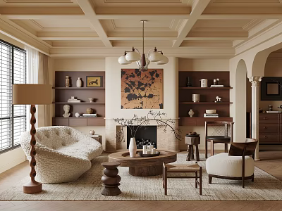 Elegant Living Room Interior Design With Fireplace Sofa Coffee Table Floor Lamp And Decorative Painting 3d model