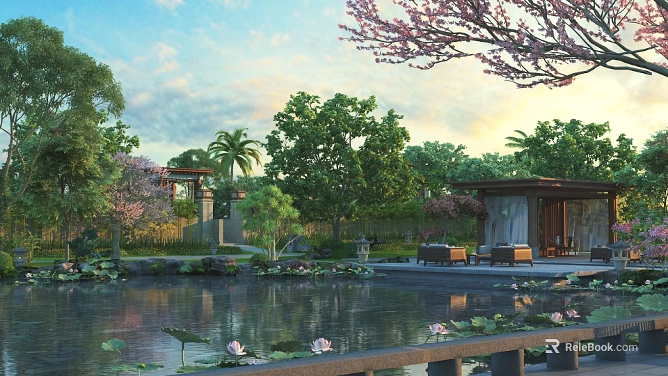 Tranquil Garden Landscape Featuring Pond Lotus Flowers Pavilion Cherry Blossom And Palm Trees 3d model 