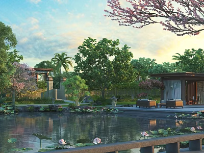 Tranquil Garden Landscape Featuring Pond Lotus Flowers Pavilion Cherry Blossom And Palm Trees 3d model
