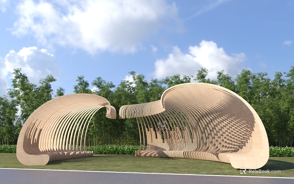 Unique Curved Wooden Structure With Interconnected Strips In Green Natural Outdoor Setting 3d model 