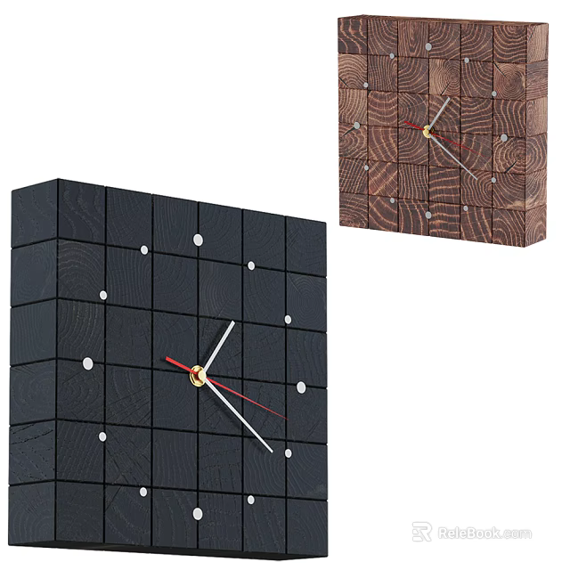 Wooden Block Design Clock With Black Brown Finish White Dots And Red Hands 3d model 