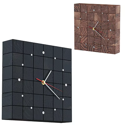 Wooden Block Design Clock With Black Brown Finish White Dots And Red Hands 3d model