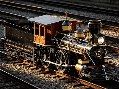 Vintage Steam Train Model On Railway Tracks With Gravel And Headlight 3d model