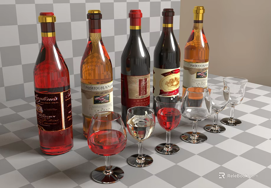 Assorted Wine Bottles and Glasses Arranged on Checkerboard Tabletop 3d model