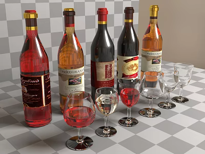 Assorted Wine Bottles and Glasses Arranged on Checkerboard Tabletop 3d model
