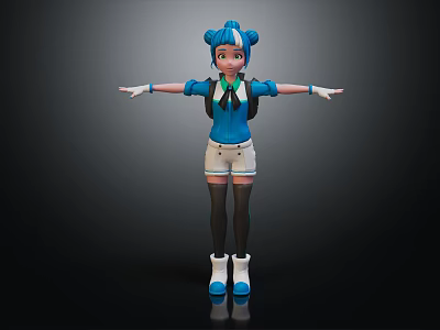 3D Rendered Biological Character With Blue Hair Twin Ponytails Backpack And Outstretched Arms 3d model