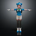 3D Rendered Biological Character With Blue Hair Twin Ponytails Backpack And Outstretched Arms