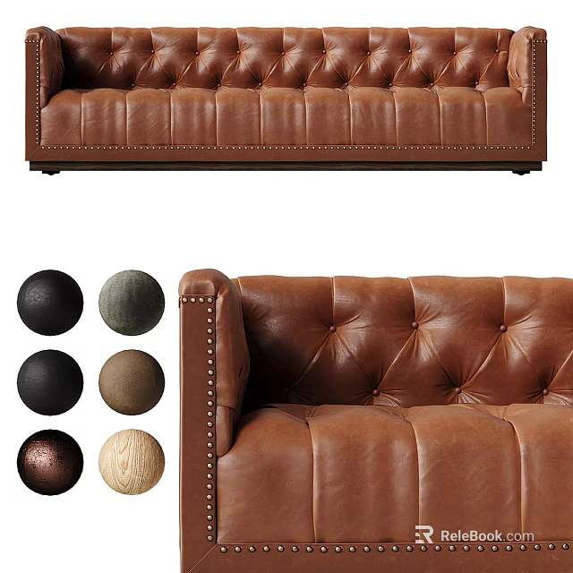 Brown Tufted Leather Two Seater Sofa With Brass Nailhead Trim And Color Options 3d model 