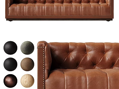 Brown Tufted Leather Two Seater Sofa With Brass Nailhead Trim And Color Options 3d model