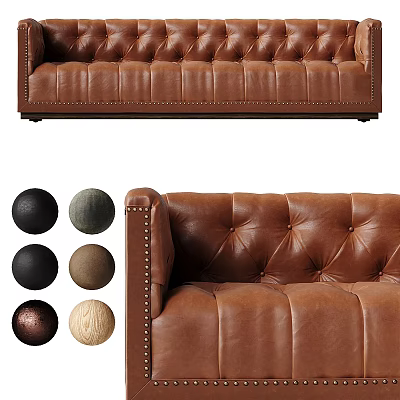 Brown Tufted Leather Two Seater Sofa With Brass Nailhead Trim And Color Options 3d model