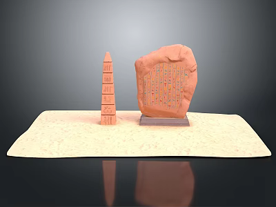 Ancient Egyptian Sculpture Carving with Obelisk and Hieroglyphic Stone Tablet on Sand Base 3d model