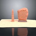 Ancient Egyptian Sculpture Carving with Obelisk and Hieroglyphic Stone Tablet on Sand Base