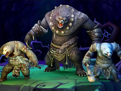 Three Bear Like Armored Fantasy Game Movie Characters In Dark Cave Setting 3d model