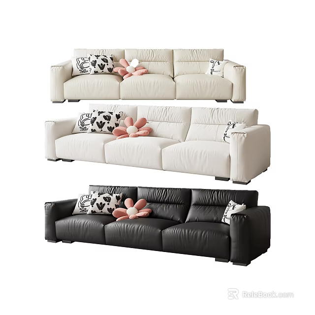 Stylish Three Seater Sofas In White Beige Black With Patterned Pillows And Pink Plush Toys 3d model 