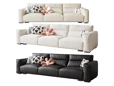 Stylish Three Seater Sofas In White Beige Black With Patterned Pillows And Pink Plush Toys 3d model