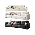 Stylish Three Seater Sofas In White Beige Black With Patterned Pillows And Pink Plush Toys