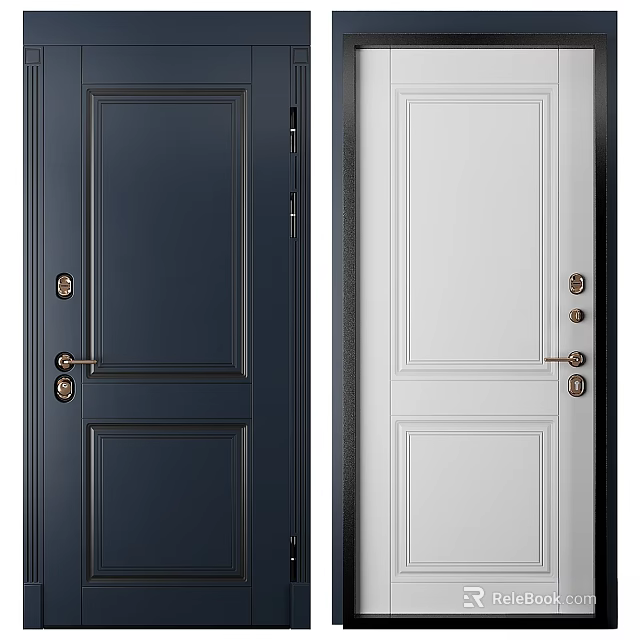 Modern Navy Blue And White Swing Doors With Brass Handles And Locks 3d model 