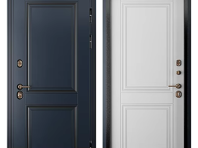 Modern Navy Blue And White Swing Doors With Brass Handles And Locks 3d model