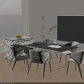 Modern Dining Table Set With Black Table Beige Chairs Marble Cabinet And Plant