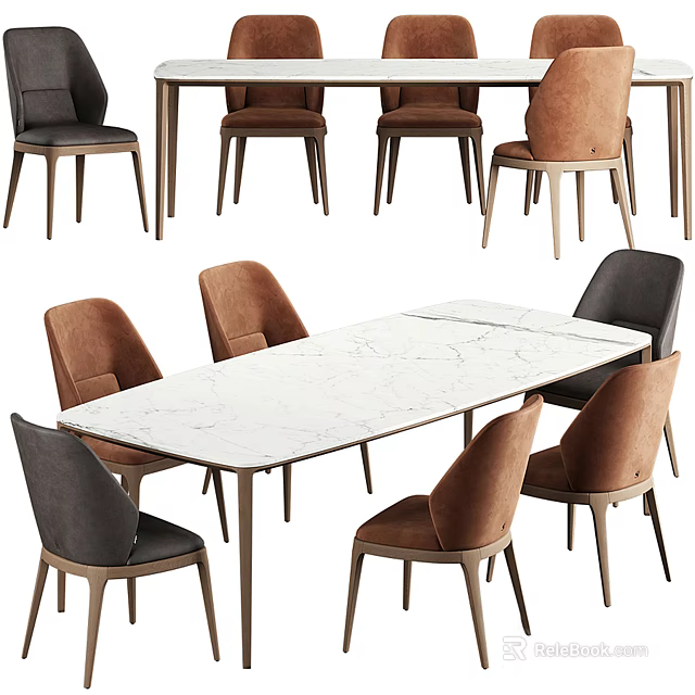 Modern Dining Table Set With White Marble Top And Multi Colored Upholstered Chairs 3d model
