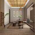Traditional Tea House Interior With Bamboo Ceiling Wooden Partitions Tea Table And Green Plants
