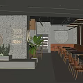 Modern Bar Interior Design With Stylish Lighting Comfortable Seating And Decorative Plants 3d model