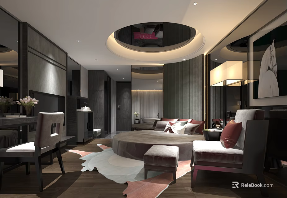 Hotel Room Modern Interior With Circular Ceiling Comfortable Bed Sofa And Stylish Rug 3d model 