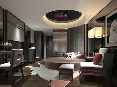 Hotel Room Modern Interior With Circular Ceiling Comfortable Bed Sofa And Stylish Rug 3d model