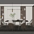 Modern Dining Room Interior Featuring Wooden Table Chairs Pendant Lights Bookshelves And Decorative Plant